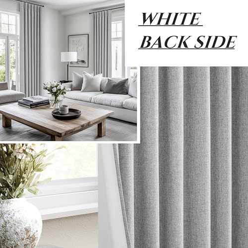 Image of 90 Inch Grey Blackout Curtains 2 Panels Set for Bedroom, Pinch Pleated Textured Linen Blend Soundproof Privacy Gray Window Drapes 90 Inches Long with Hooks Rings Back Tab for Boys Room Darkening Burg