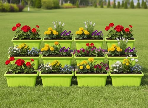 Image of Bianco Rectangular Plastic Pots for Plants, Jupiter Flower Pots for Home, Window Display, Garden (35 x 18.5 x 15 cm) (Green) (Pack of 12)