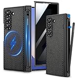 VEGO for Z Fold 6 Case with S Pen Holder, Compatible with MagSafe, with Hinge Protection & Front Privacy Screen Protector, Magnetic Slim PU Leather Cover for Galaxy Z Fold 6 - Carbon Fiber Black