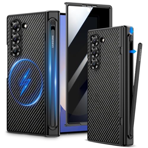 VEGO for Z Fold 6 Case with S Pen Holder, Compatible with MagSafe, with Hinge Protection & Front Privacy Screen Protector, Magnetic Slim PU Leather Cover for Galaxy Z Fold 6 - Carbon Fiber Black