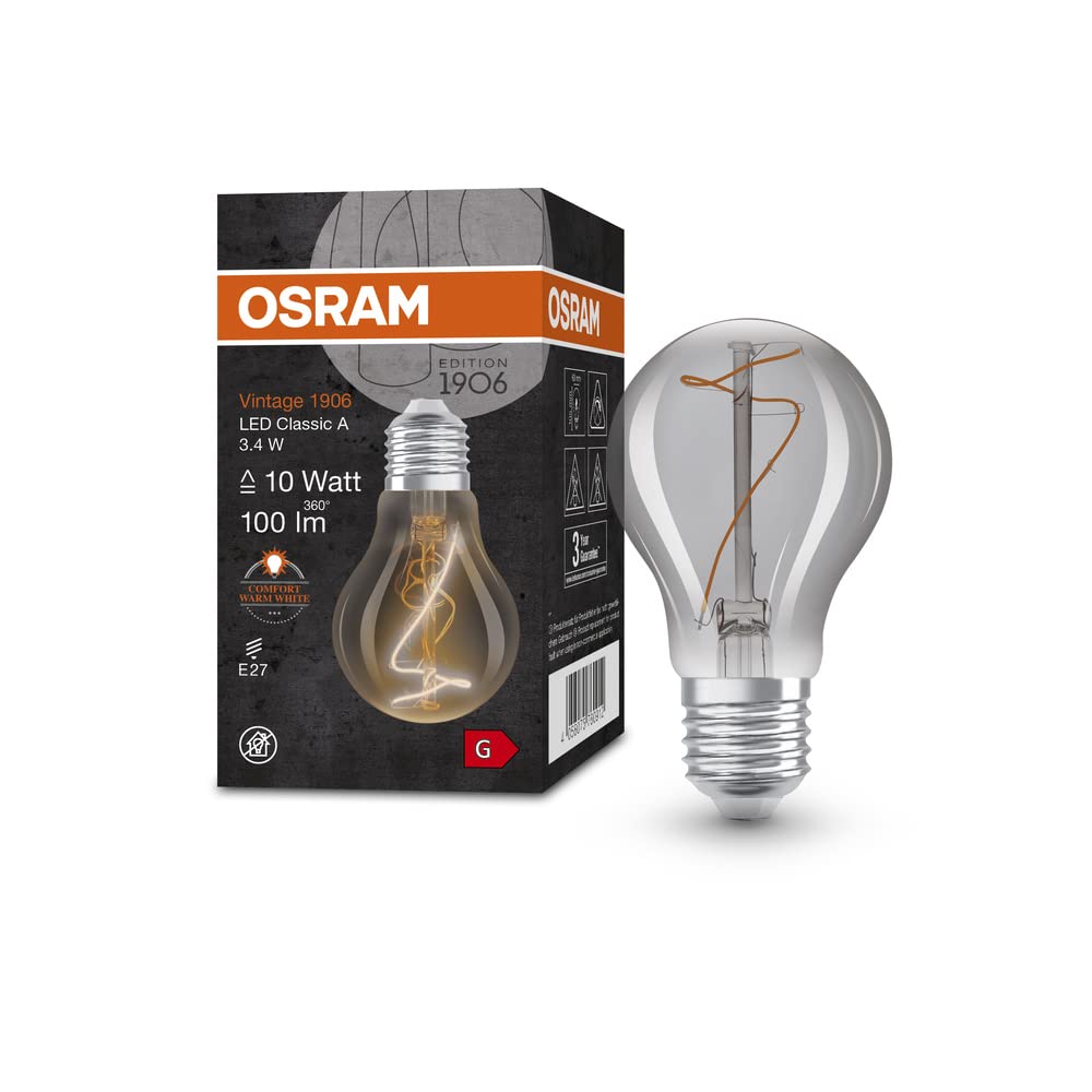 OSRAM Vintage 1906 Smoke Tinted LED lamp, 3.4W, 100lm, Classic Bulb Shape (Classic A) with E27 Base, Warm White Light, Non-dimmable Filament, Life of up to 15,000 Hours