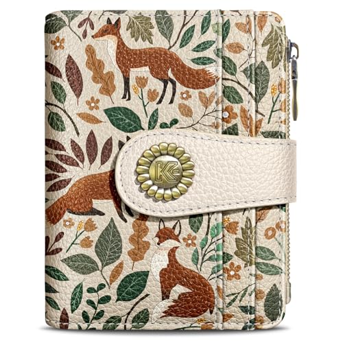 Image of Kelvoris Cute Fox Leaves Small Rfid Women Wallet Bifold Zipper Coin Pocket | PU Leather Compact Cash Credit Card Holder Travel Purse for Female Ladies Teen Girls 1 ID Window 10 Card Slots