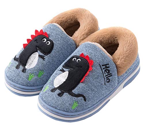 DADAWEN Toddler Boys Girls Soft Plush Furry Slippers Cozy Cute Cartoon Indoor Outdoor Comfy Warm House Shoes Cyanine US Size 3-3.5 Little Kid