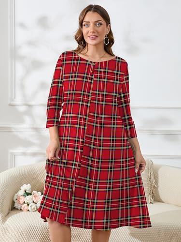 Image of AusLook Women's Plus Midi Dresses Crew Neck A Line 3 /4 Sleeves Casual Elegant Loose Wedding Vacation Dress with Pockets
