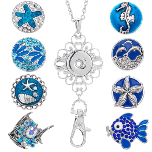 SUNNYCLUE 1 Box 8 Styles Women Badge Lanyards ID Badge Lanyard Cute Blue Enamel Rhinestone Ocean Fish Snap Button Lanyard Necklace Interchangeable Teacher Lanyards for Badge Holder Keys Name Tags