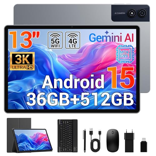 LORDWIT 13 Zoll Tablet, 3K UHD 2944×1840 Dsiplay, 36GB RAM 512GB ROM/1TB TF, Helio G99, 90Hz, Dual SIM 4G LTE+WiFi 5G, Widevine L1/11580mAh/13MP/GPS, Android 15 Tablet mit Tastatur/Hülle/Maus/Stift