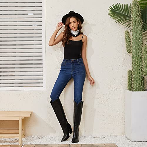 Isnom Women's Western Boots Knee High Boots, Cowboy Cowgirl Embroidered Chunky Block Heel Pointed Toes Slip On Boots -Black #TOP1