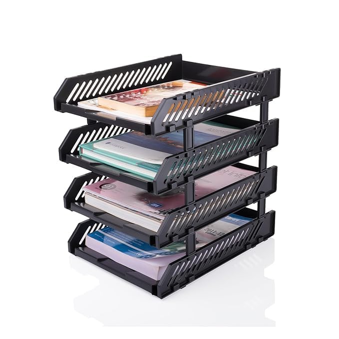Image of File Tray Rack ABS Plastics | Foldable Office Desk Accessories | Durable & Sturdy | Easy Assembly | Efficient Organizer | Plastic Office Stationery Files Layer Rack -4LAYER (Black) (4)