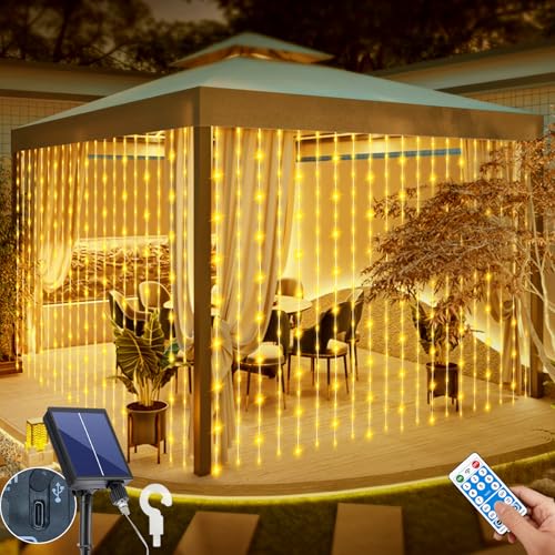 Solar Curtain Lights Outdoor Waterproof 10 * 10Ft 300LED Waterfall Light with 8 Modes Remote...