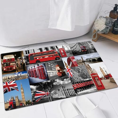 EMFSLA Tapis De Bain Antidérapant,Tapis Moelleux en Microfibre,Londres Big Ben Tower Bridge Drapeau Britannique Capitol Bus Rouge Boîte téléphonique...