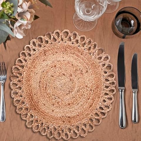 Jute Hand Braided Placemats Set of 6 | 14 Inches Artistic Round Tablemats for Kitchen Dining Table Top Sustainable Rug Mats & Dinner Table Plate Pads Mates Rustic Natural Fiber Vintage Natural Beige Cover