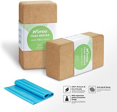Cork Yoga Block 2 Pack Plus Strap Cork Yoga Bricks Natural Eco-Friendly 9" x 6" x 3" Yoga Exercise Blocks Bricks Set Set, Starter Kit, Beginners Kit, Any Type of Yoga Styles