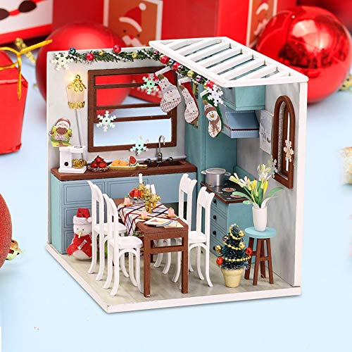 Christmas Doll House Miniature Dollhouse Kit DIY Wooden Mini House Model Dollhouse Accessories with Furniture Set Toy Plus Dust Proof Cover Assembled Cabin Handcrafts Educational Toys for Kids Adults