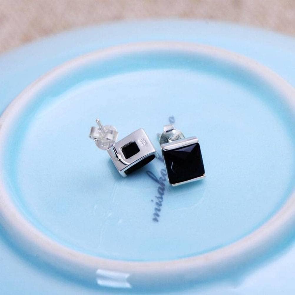 Ear925 Sterling Silver Jewelry Korean Style Inlaid Faceted Black Agate Unisex Ear Stud Earart/Black