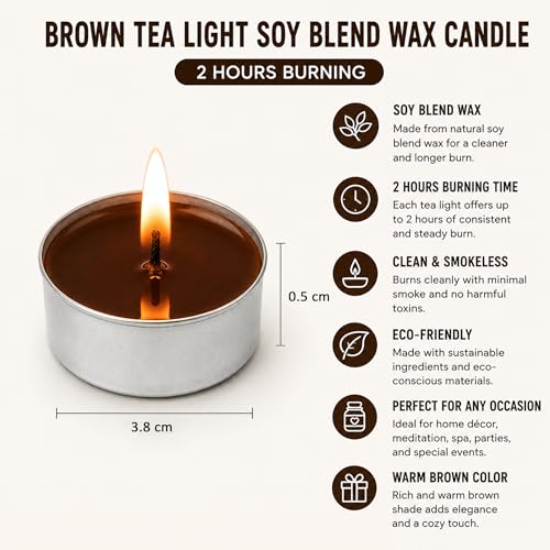 Image of Unscented Tea Light Candles | Soy Wax Blend Long-Lasting with Cotton Wick | Perfect for Home Decor, Parties, Weddings, and More | Set of 100 (Brown)
