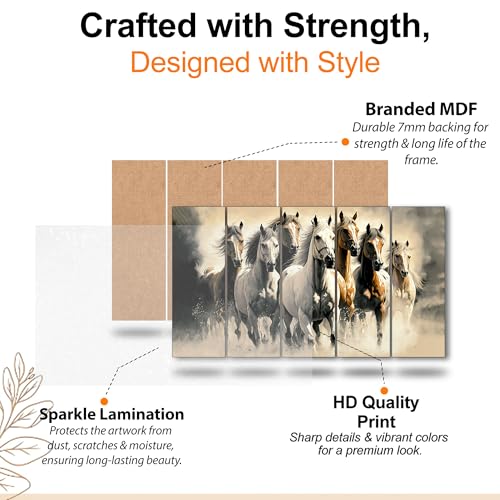 Image of The Castle Decor 7 Horses Wall Painting for Living Room Big Size - 7 Running Horses Painting Vastu for Bedroom, Office, Hotel - Wall Decor Digital Painting Wooden Framed for Gifting (36x60inch)