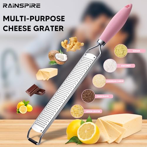 Image of Rainspire Zester Grater with Handle, Lemon Zester Cheese Grater for Kitchen Stainless Steel, Parmesan Cheese Garlic Nutmeg Chocolate Fruits Vegetables Ginger Grater, Fine (Pink)