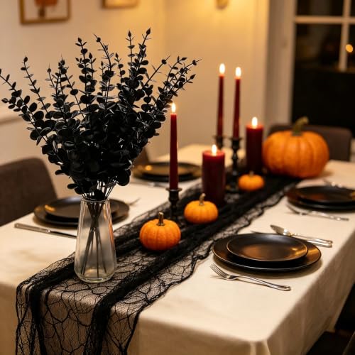 Image of Tinsow 26 PCS Black Faux Eucalyptus Leaves Halloween Artificial Flowers