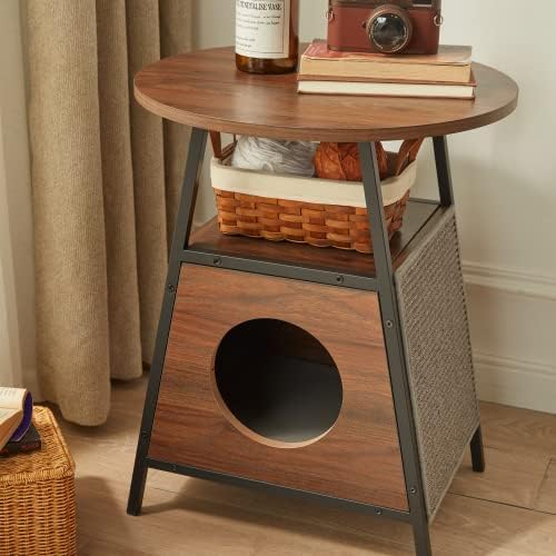 End Table Cat Litter Box - Wooden Resting Place Side Nightstand Furniture - 2 Tiers Rustic Vintage Small Wood Round Side Tables with Storage Shelf for Pet Living Room Black