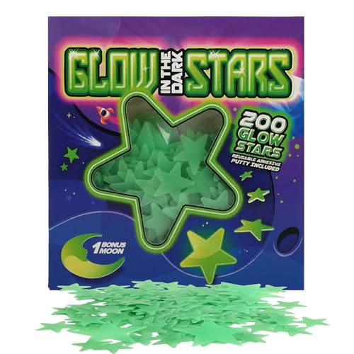 200 Stelle Luminose Fluorescenti 3D Autoadesive – Decorazione per Soffitto e Pareti della Cameretta, Stelle e Luna Colorate per Creare un Magico Cielo Stellato, Lunga Luminosità e Facile Applicazione