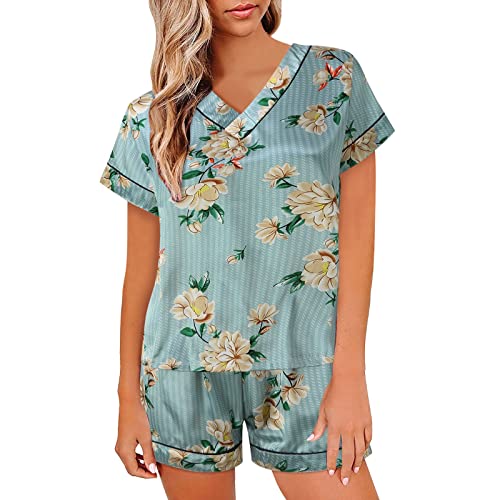 Pijama genérico para mujer, seda, conjunto de pijama para mujer, pantalón corto, manga corta, ropa de dormir de 2 piezas, cuello en V, con botones y pantalones cortos, transpirable, cómoda