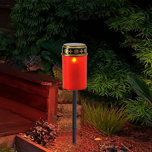 FIYSON Solar LED Grabkerze, 7cm x 24,5 cm, Rotes IP44 Wasserdichtes Outdoor Flammenloses Kerzenlicht, Grablicht mit Erdspieß, Solarbetrieben Grabkerze, Friedhofskerze Grablaterne