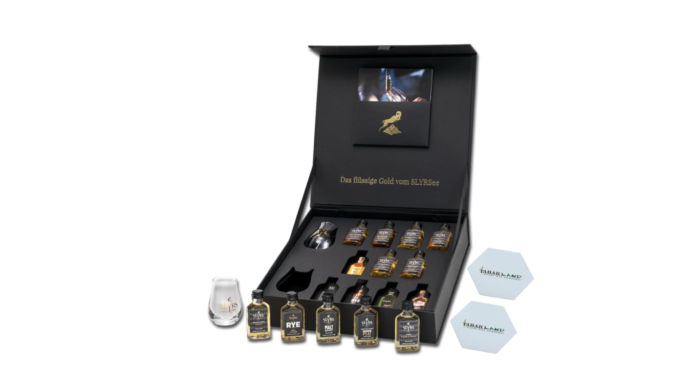 SLYRS Whisky Tasting Box – 10 Single Malt Whiskys & 1 Likör in Miniaturflaschen à 0,02 l – Mit 2 Original SLYRS Gläsern & Tasting Booklet