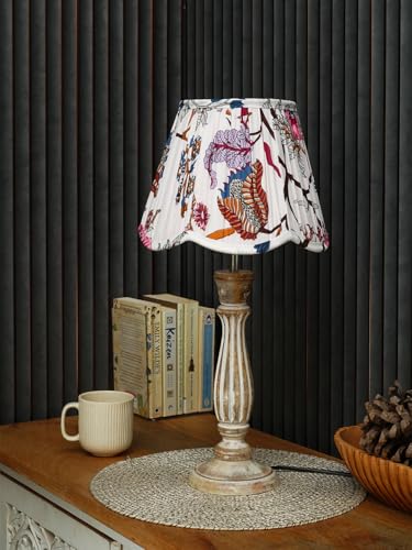 Image of Green Girgit Wooden Distress White Athens Lamp with Pleeted Multicolor Red Floral Lotus Shape Lamp Shade
