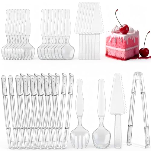 Lanties 30 Pcs Disposable Plastic Serving Utensils Set Include 8.5'' Serving Spoons Forks 9'' Tongs and Knives for Birthday Party Buffet Dinner Food Salad Utensils Christmas (Clear)