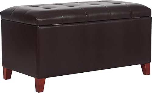 Miniatura 9 de Adeco Otomana de almacenamiento, banco tapizado rectangular de piel sintética con patas de madera, reposapiés, mesa de café para sala de estar,