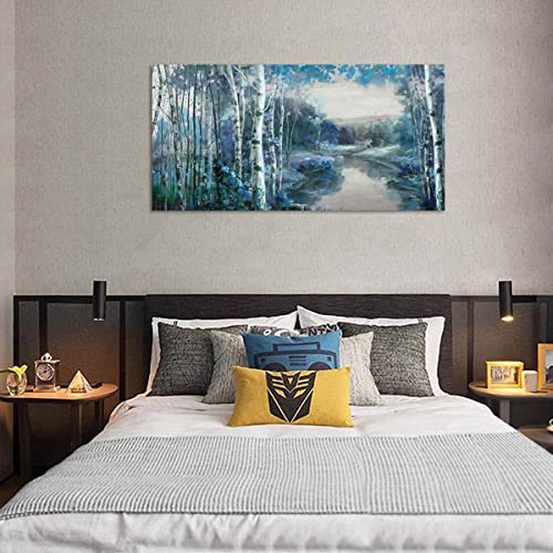 Arjun Birch Tree Wall Art Canvas Blue Landscape Painting Nature Forest Picture Teal Mountain River Artwork, Large Size Artwork Textured Framed For Living Room Bedroom Home Office Wall Décor, 48"X24" #TOP2