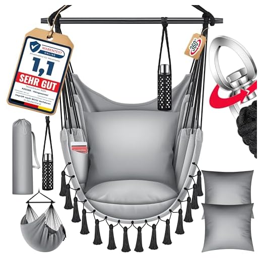 KESSER® Hängesessel mit 2 Kissen Getränkehalter & Bücherfach - Safari XXL Hängestuhl für Erwachsene & Kinder Hängematte bis 150 kg Hängesitz Aufhängung Indoor & Outdoor Wohn & Garten Terrasse Grau