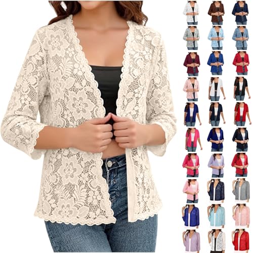 Lightweight Cardigans for Women Fashion Lace Open Front Cardigan Casual Loose Fit 3/4 Length Sleeve Summer Cardigan