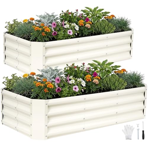 INNO STAGE 2Pcs Galvanized Raised Garden Bed Kit, 4x2x1FT Metal Raised Garden Beds for Vegetables, Rust-Resistant & Easy Assembly, Outdoor Raised Beds for Gardening, Flowers, Herbs (White)
