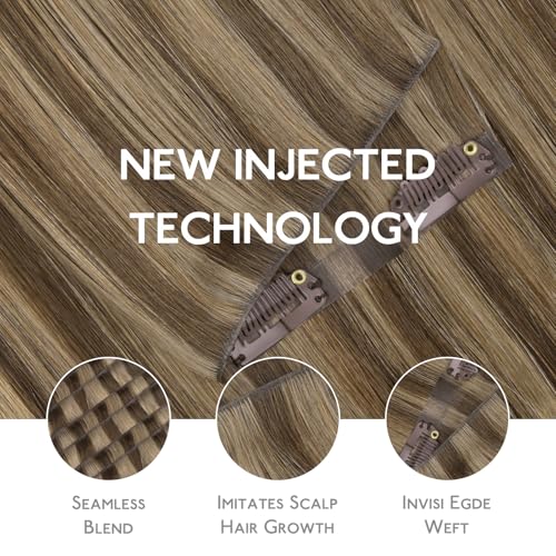 Image of WENNALIFE Invisi Edge Clip in Hair Extensions Real Human Hair, 22 Inch 150g 7pcs Balayage Chocolate Brown to Caramel Blonde Seamless Clip in Extensions Remy Hair Clip Ins Invisible PU Skin Weft Straig