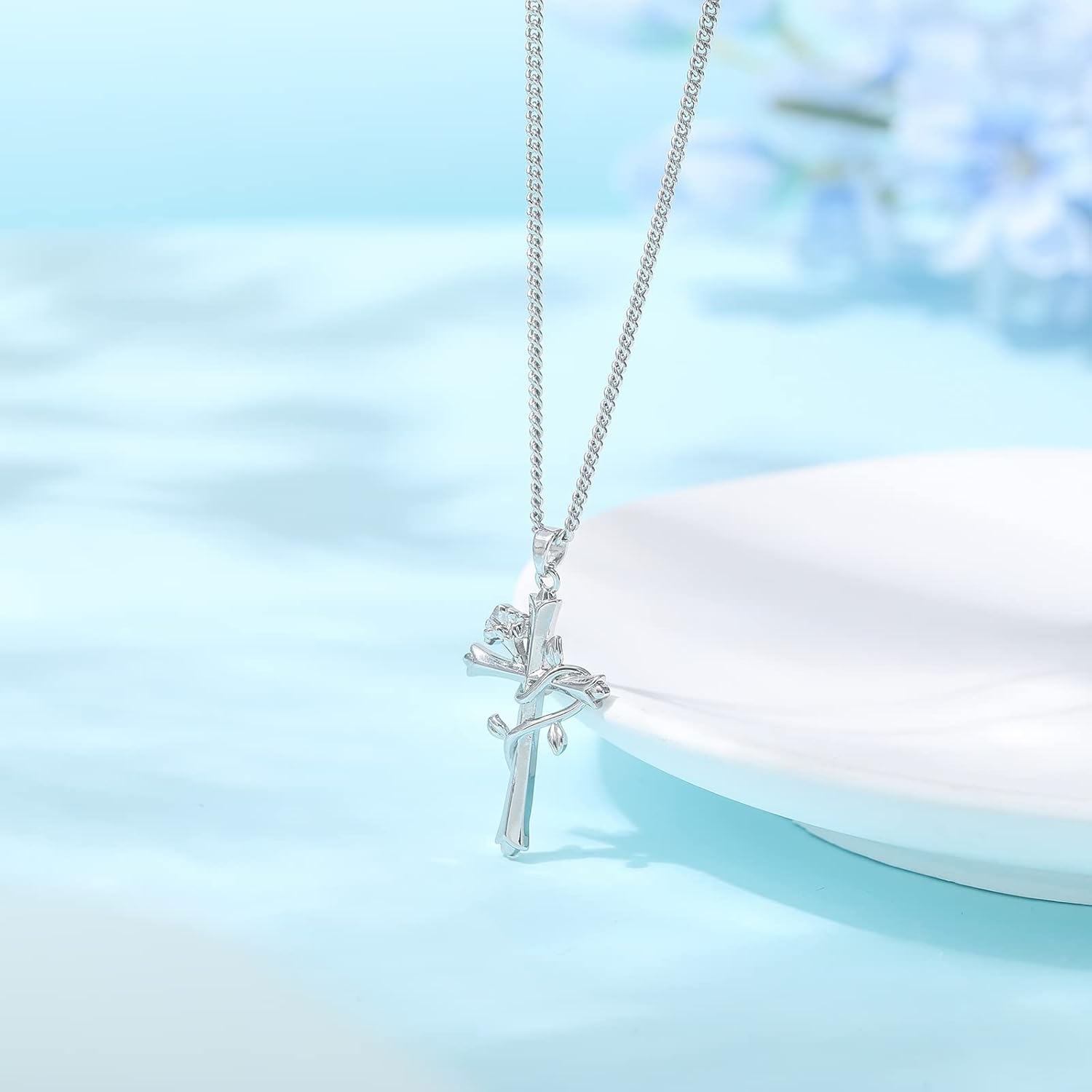 ACECHA Cross Necklace for Women | Silver Faith Birthstone Cross Pendant with Birth Flower Jewelry Gifts for Teen Wife Women for Birthday Anniversary - Image 3