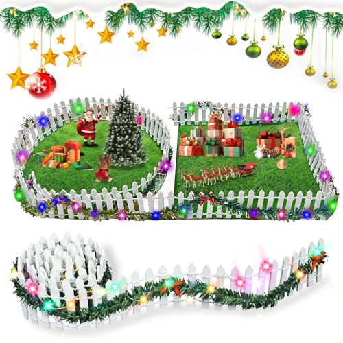 Aohcae Accessoire de lutin de Noël - 100 cm x 5 cm - Clôture miniature en bois blanc - Accessoire de lutin miniature avec lumière colorée pour miniature fée, jardin, modélisme, pot de fleurs
