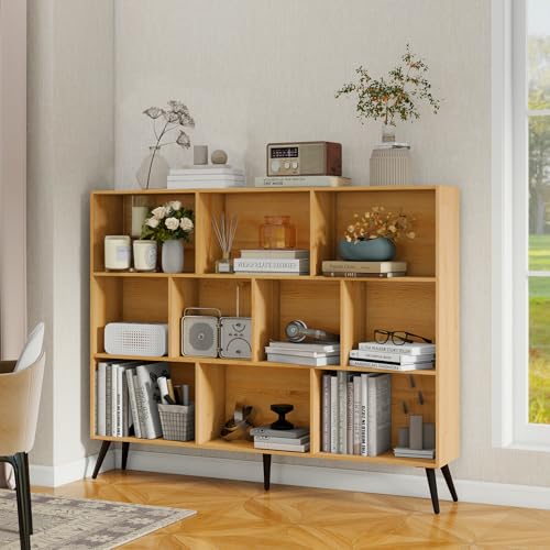 GarveeHome Wooden 3-Tier Open Shelf Bookcase, 10 Cubes Bookshelf, Freestanding Book Shelf Storage Organizer with 5 Iron Legs for Home Office, Living Room, Bedroom, Natural