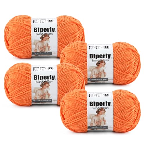 Image of Skinny Chenille Yarn for Crocheting, #2 Orange Thin Baby Blanket Plush Yarn