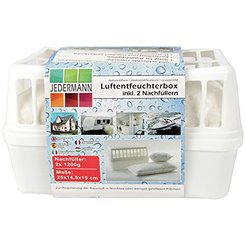 Luftentfeuchter Box inkl. 2x 1200g Nachfüll Granulat, bis 50m² Raumgröße / 2.500ml Flüssigkeit aufnahmefähig, wiederverw. Feuchtigkeits-Stopper