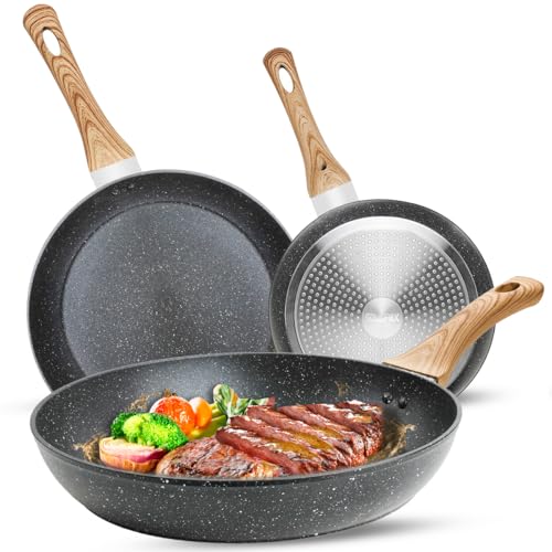 Image of DEYKAY Non Stick Frying Pan Skillet Set, Omelet Pan, Healthy Non Toxic Granite Chef Pan, Induction Compatible Egg Frying Pan with Heat-Resistant Handle, PFOA-Free,Black, 8"+10"+12"