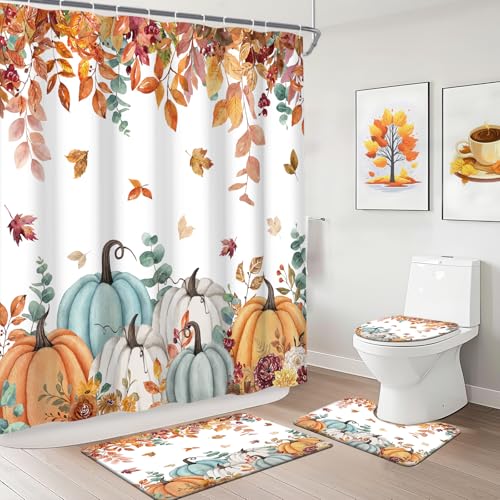 MEHOFOND Fall Pumpkin Shower Curtain Sets 4 Pcs Thanksgiving Harvest Bath Curtain Set with Shower Curtains, Non-Slip Rug,Toilet Lid Cover, Bath Mat and 12 Hooks Autumn Leaves Pumpkin Bathroom Decor