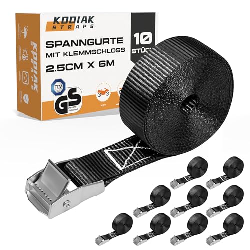 10 Stück Spanngurte 6mx 250kg mit Klemmschloss - 25mm Zurrgurte für Fahrrad - Gepäck & Transport - TÜV/GS geprüft nach DIN EN 12195-2 - KODIAK STRAPS
