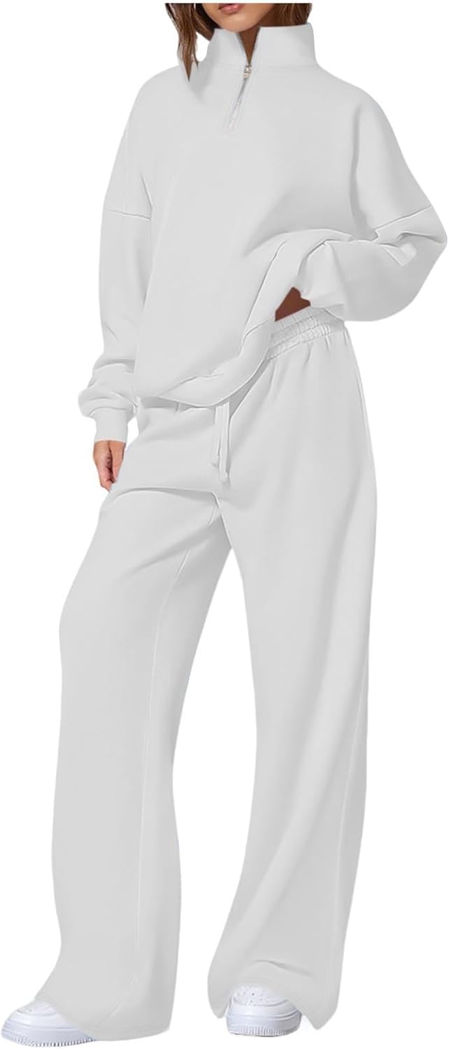 Womens Two Piece Lounge Sets 1/4 Zip Stand Neck Sweatshirt Oversized Wide Leg Pants Sweatsuit with Pockets
