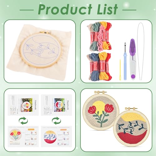 Image of ERKOON Punch Needle Kit Adults Beginners, 2 Pcs DIY Easy Floral Embroidery Set for Starter Art Craft, Needling Punching Project with Patterns, Tools, Yarns, Hoop, Instruction (Rose)