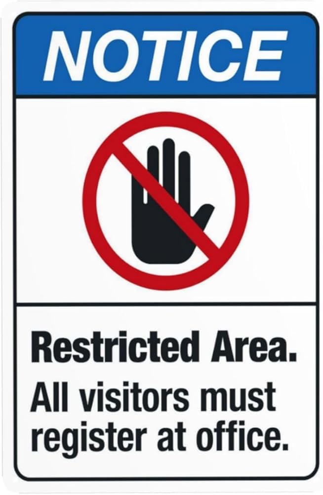 Restricted Area All Visitors Must Register At Front Desk Warning Sign Visitor Security Metal Signs For Business Home Road Yard Garage Street Wall Safety Caution Decor Gift For Women Men 8x12 Inch