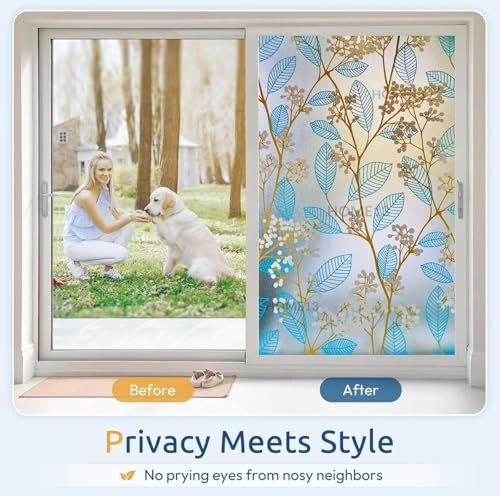 Image of HOME13 Window Privacy Film Frosted Glass Film Decorative Window Sticker Removable Window Film Home Office Privacy Film Window Coverings (Blue Leaves, 1 Feet by 8 Feet)