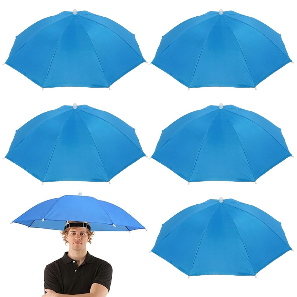 JOAASU 6 Pcs Head Umbrella Hats, Adjustable Umbrella Hat with Elastic Band, Portable Mini Umbrellas Hats, Outdoor Sun Rain Hat for Women, Adult & Kids, Fishing, Golf Activities, Blue (Diameter:52cm)