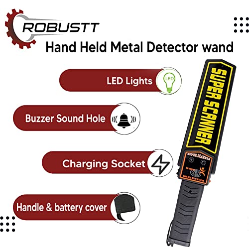 Image of Robustt High Sensitivity Hand Held Metal Detector (Pack of 2) Leather case on Handle, with Battery Included Alarm Mode -Sound, Vibration & Led Lights for Malls, Airports, Railway Stations, Banks