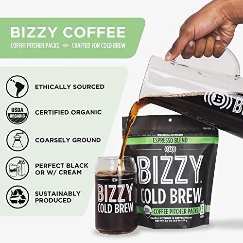 Bizzy Organic Cold Brew Coffee | Bundle | Pitcher Packs | Smooth & Sweet 12-Count + Espresso Blend 4-Count | 2 Pack #TOP5